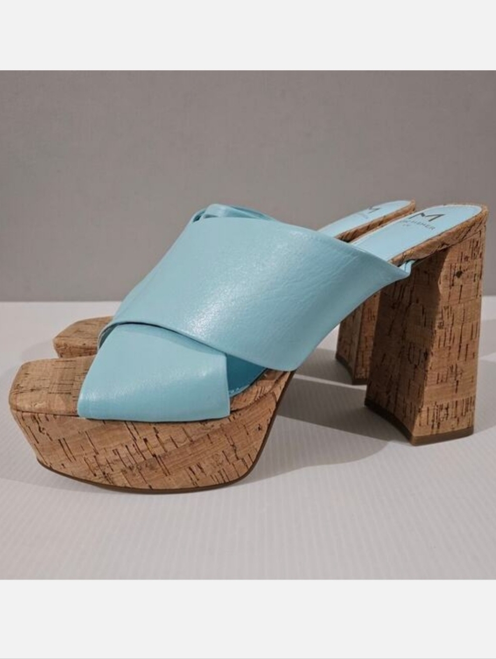 Marc Fisher LTD Farlow Platform Sandal 9.5 Aqua Blue Leather Cork Block Heel NEW